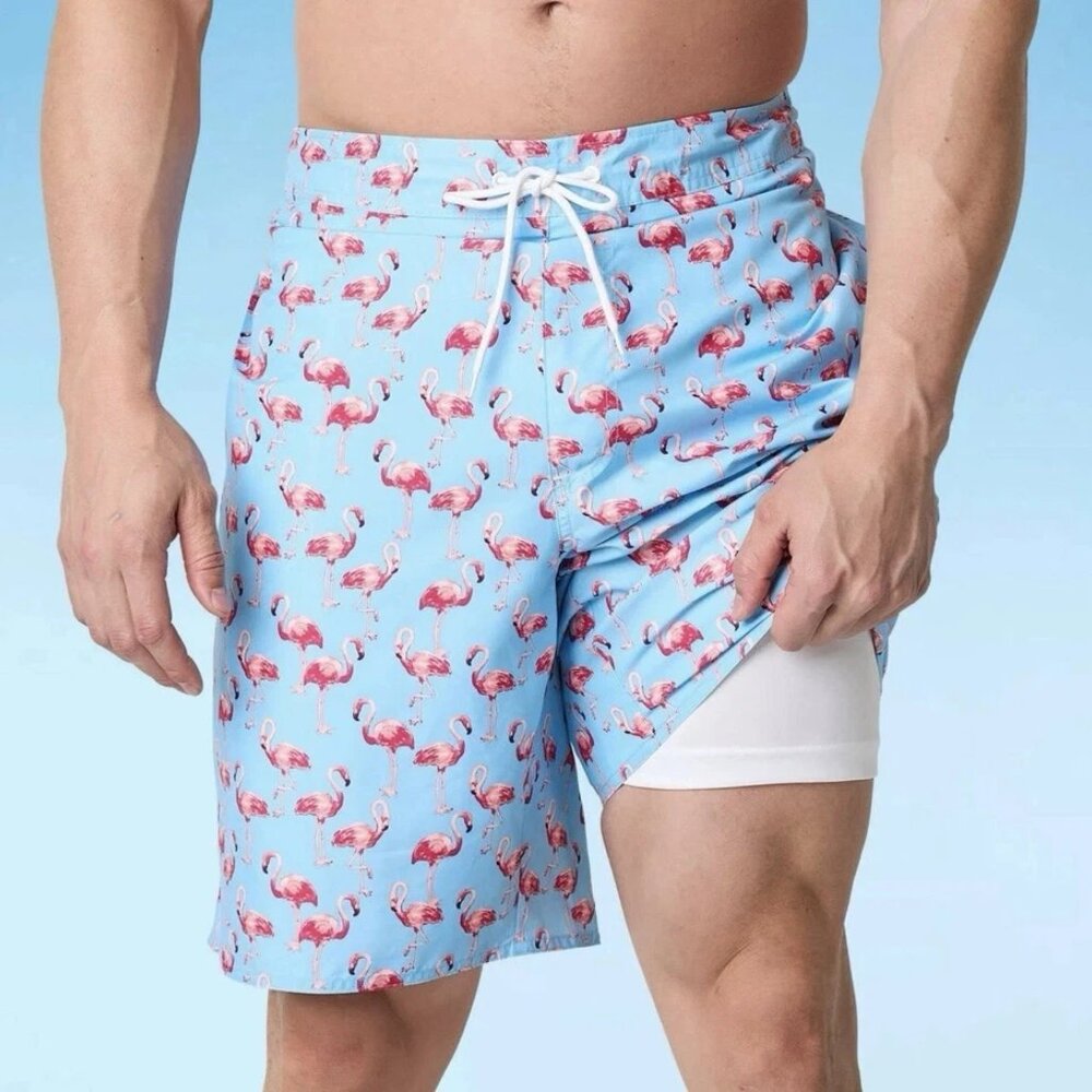 St. John's Bay- Mens Blue Flamingo Swim Trunks, Big & Tall Size: 3XL 10'' INSEAM